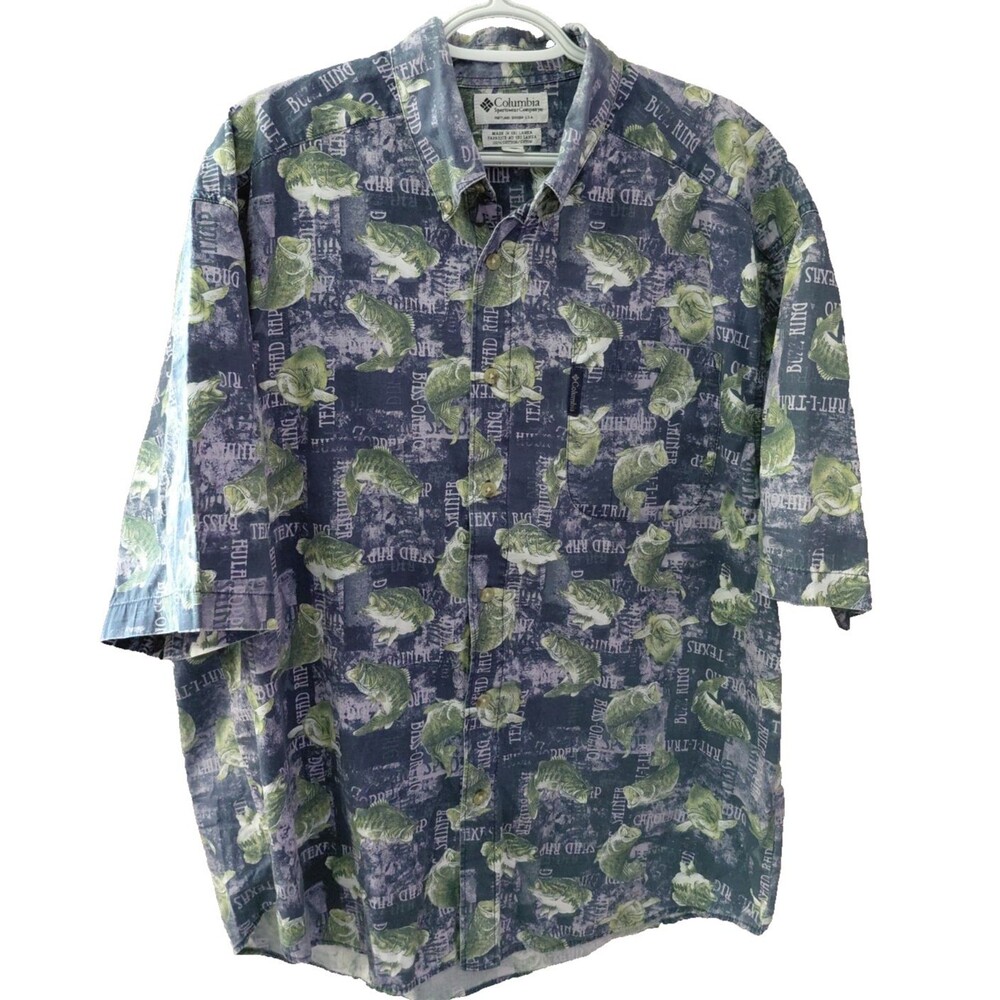 Columbia Sportswear Shirt Men's L Short Sleeve Button Up Bass Lures Fishing
